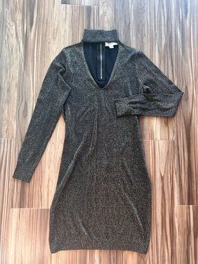 Michael Kors Black with Gold Metallic Knit Zip Sweater Dress M